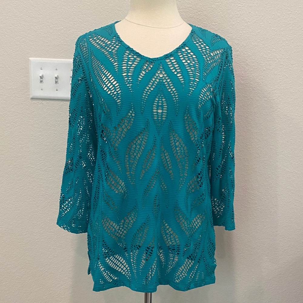 Chico's Teal Open Crochet Tunic Top Sz Large